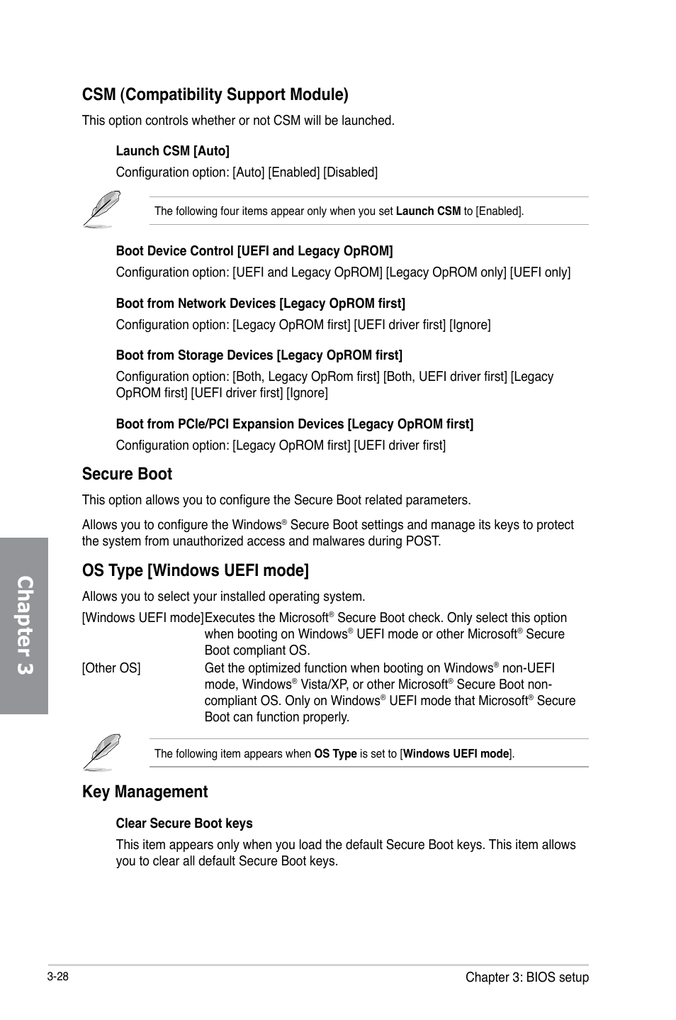 Chapter 3, Csm (compatibility support module), Secure boot | Os type [windows uefi mode, Key management | Asus A88X-PRO User Manual | Page 100 / 142