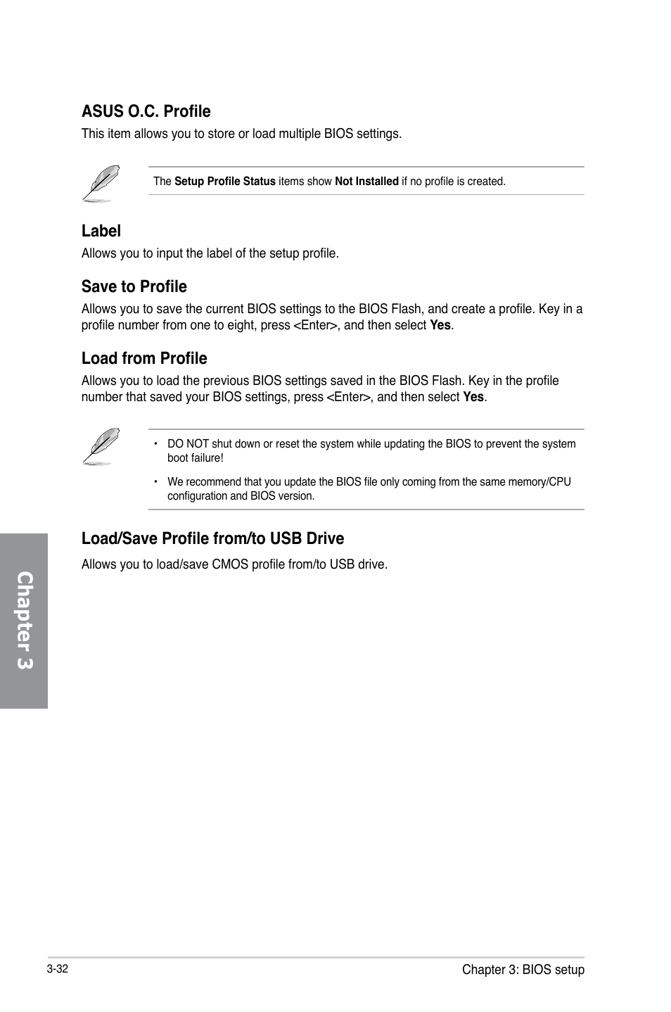 Chapter 3, Asus o.c. profile, Load/save profile from/to usb drive | Label, Save to profile, Load from profile | Asus A88X-PRO User Manual | Page 104 / 142