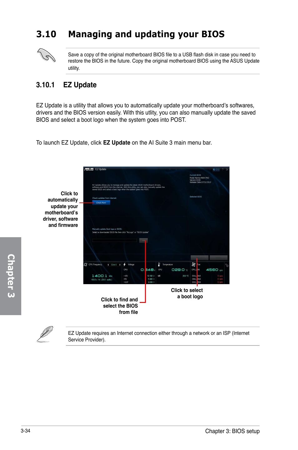 10 managing and updating your bios, 10 managing and updating your bios -34, Chapter 3 3.10 managing and updating your bios | 1 ez update | Asus A88X-PRO User Manual | Page 106 / 142