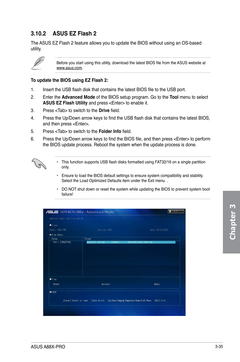 Chapter 3, 2 asus ez flash 2 | Asus A88X-PRO User Manual | Page 107 / 142