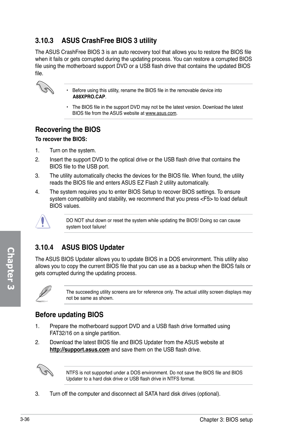Chapter 3, 3 asus crashfree bios 3 utility, Recovering the bios | 4 asus bios updater, Before updating bios | Asus A88X-PRO User Manual | Page 108 / 142