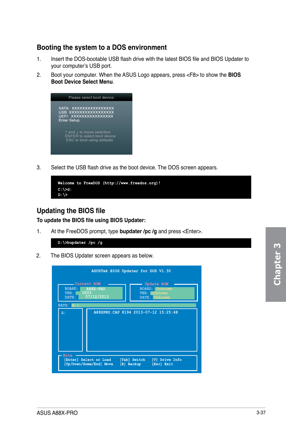 Chapter 3, Updating the bios file, Booting the system to a dos environment | Asus A88X-PRO User Manual | Page 109 / 142
