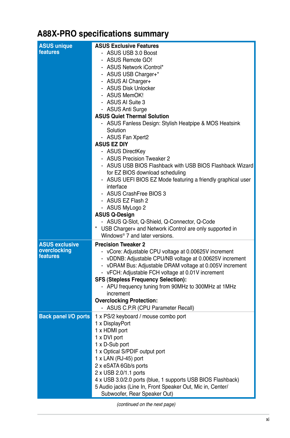 A88x-pro specifications summary | Asus A88X-PRO User Manual | Page 11 / 142