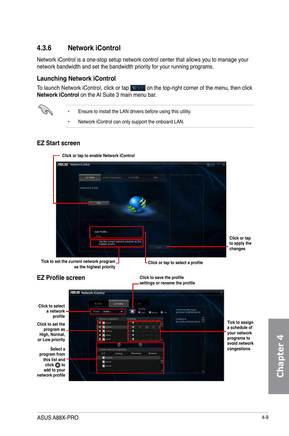 6 network icontrol, Network icontrol -9, Chapter 4 | Launching network icontrol, Ez start screen ez profile screen | Asus A88X-PRO User Manual | Page 119 / 142
