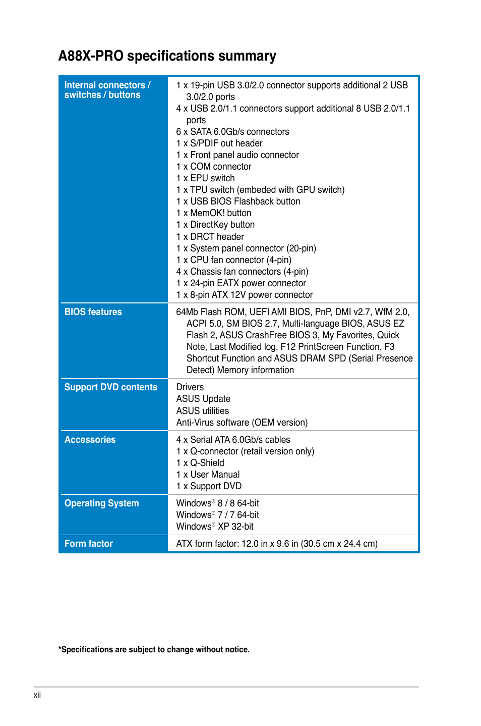 A88x-pro specifications summary | Asus A88X-PRO User Manual | Page 12 / 142
