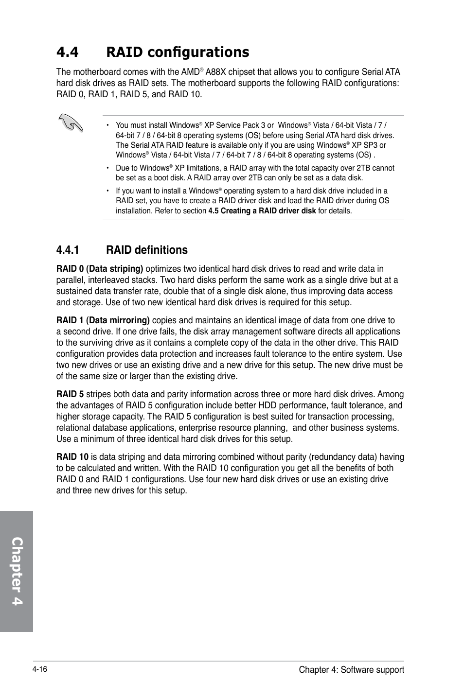 4 raid configurations, 1 raid definitions, Raid configurations -16 4.4.1 | Raid definitions -16, Chapter 4 4.4 raid configurations | Asus A88X-PRO User Manual | Page 126 / 142