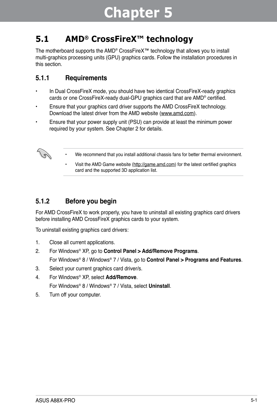 Chapter 5: multiple gpu technology support, 1 amd® crossfirex™ technology, 1 requirements | 2 before you begin, Chapter 5, Multiple gpu technology support, Crossfirex™ technology -1, Requirements -1, Before you begin -1, 1 amd | Asus A88X-PRO User Manual | Page 133 / 142