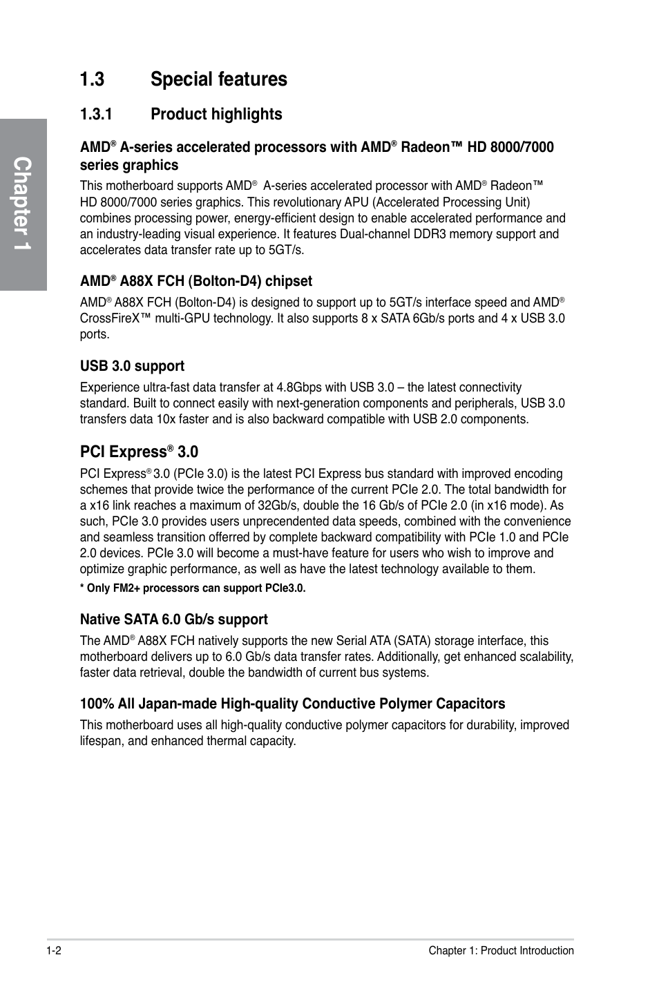 3 special features, 1 product highlights, Special features -2 1.3.1 | Product highlights -2, Chapter 1, Pci express | Asus A88X-PRO User Manual | Page 14 / 142