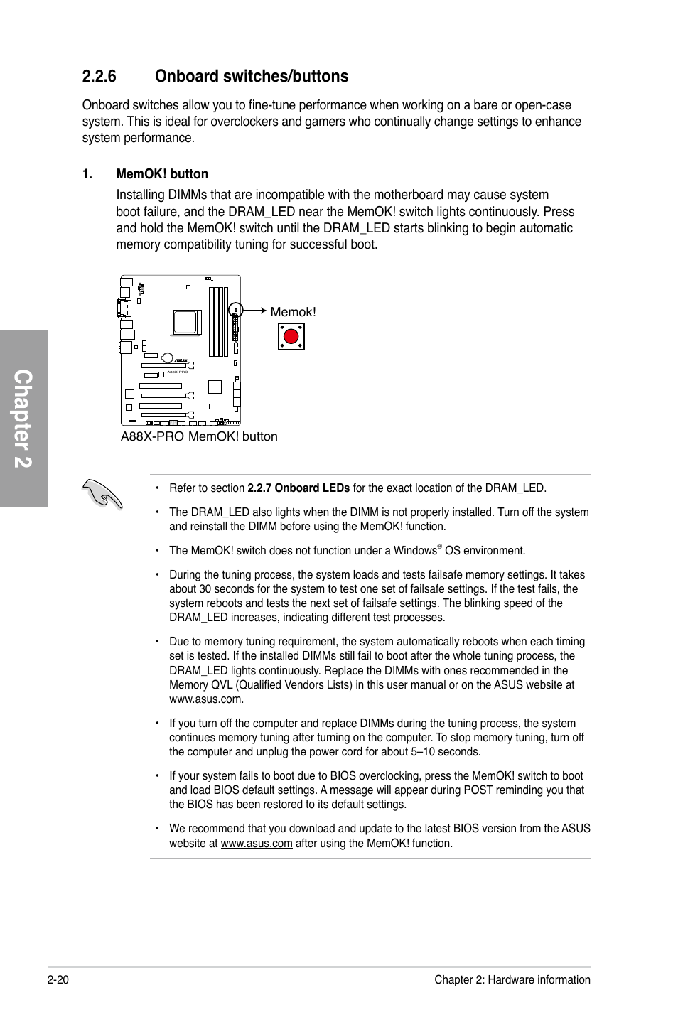 6 onboard switches/buttons, Onboard switches/buttons -20, Chapter 2 | Asus A88X-PRO User Manual | Page 40 / 142