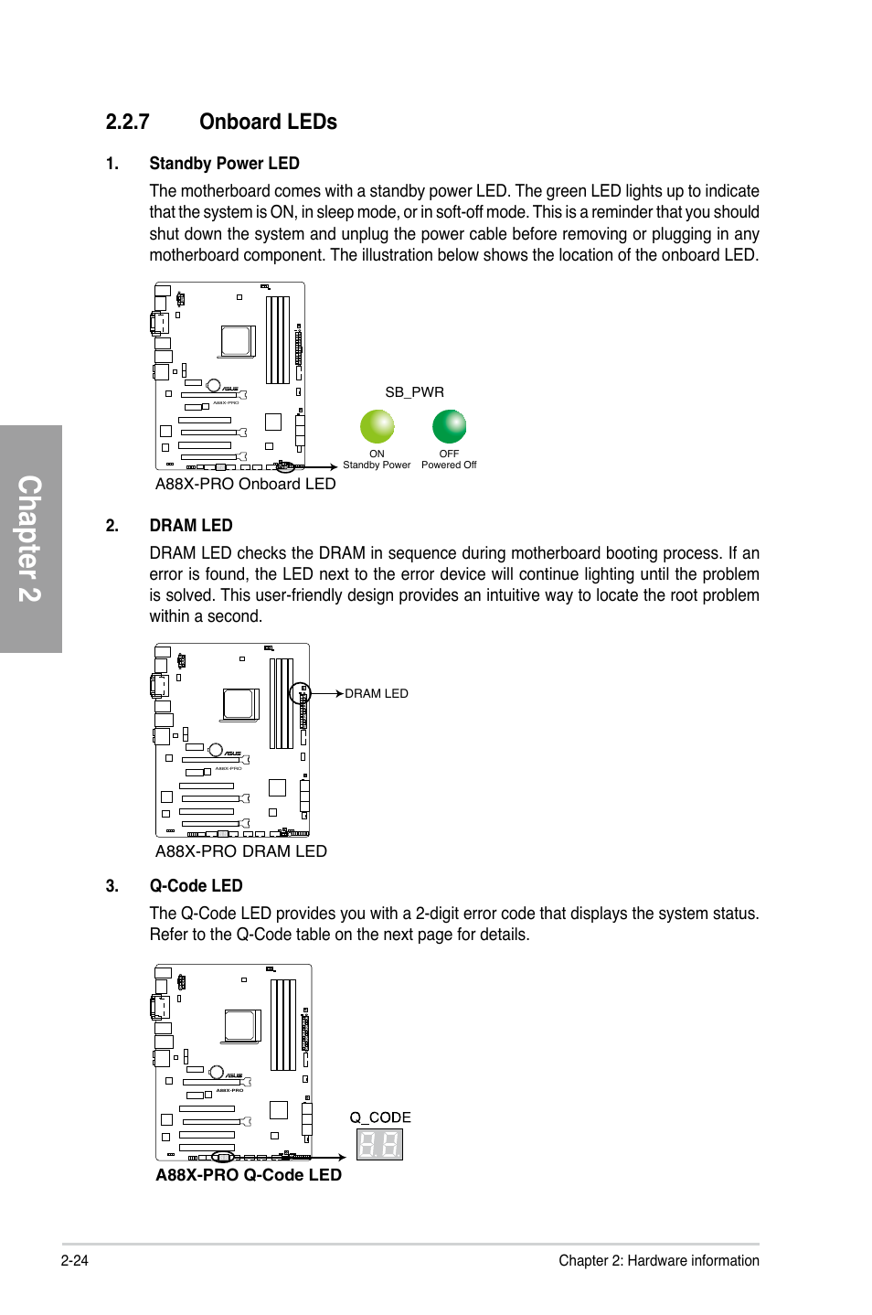7 onboard leds, Onboard leds -24, Chapter 2 | Asus A88X-PRO User Manual | Page 44 / 142
