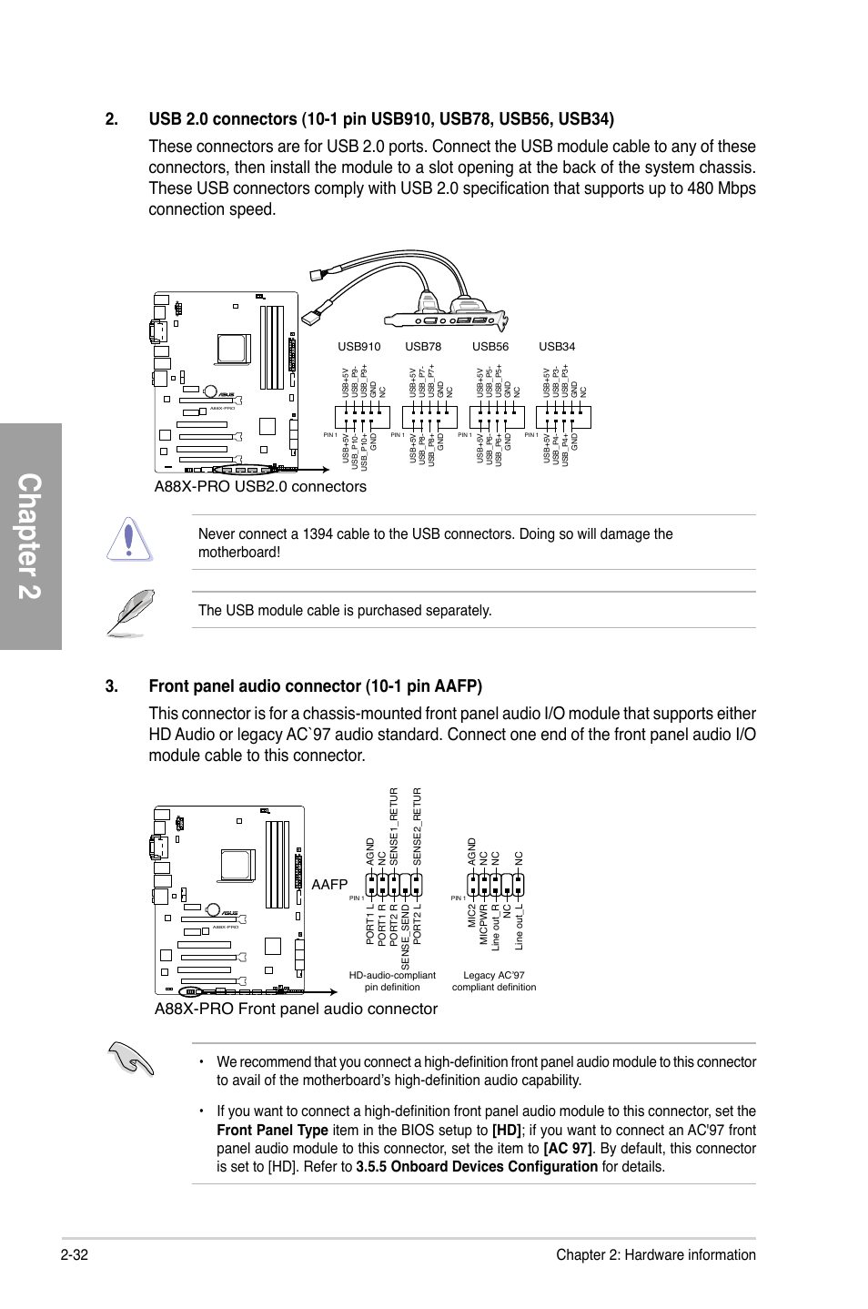 Chapter 2, A88x-pro front panel audio connector, 32 chapter 2: hardware information | A88x-pro usb2.0 connectors | Asus A88X-PRO User Manual | Page 52 / 142