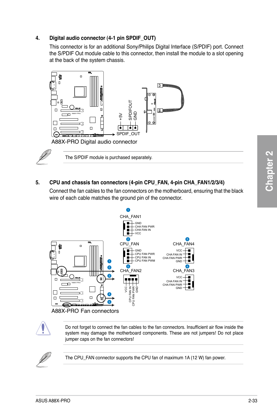 Chapter 2, A88x-pro digital audio connector, A88x-pro fan connectors | Asus A88X-PRO User Manual | Page 53 / 142