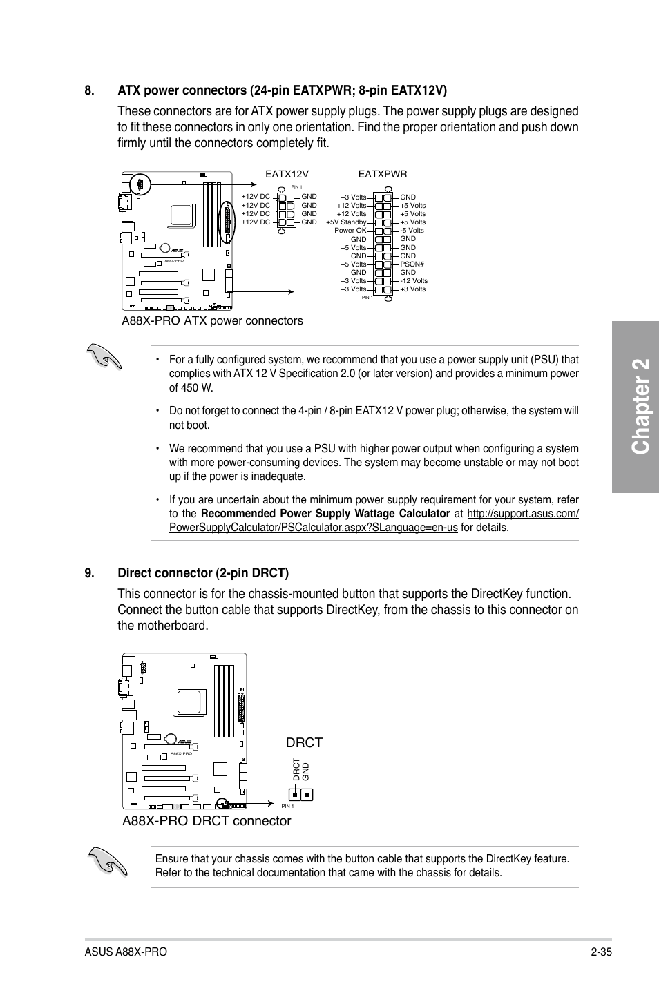 Chapter 2, Drct, A88x-pro drct connector | A88x-pro atx power connectors | Asus A88X-PRO User Manual | Page 55 / 142