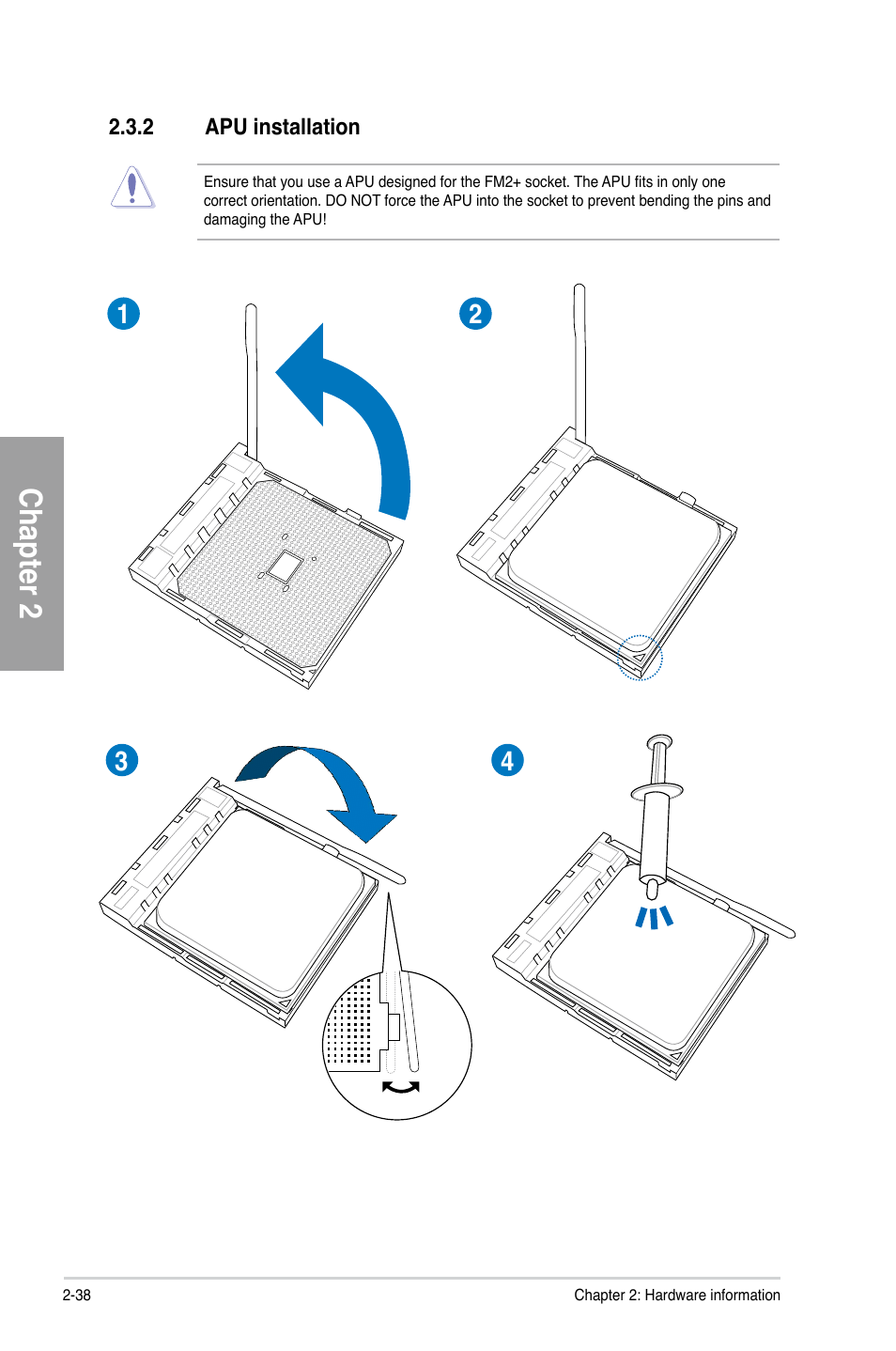 2 apu installation, Apu installation -38, Chapter 2 | Asus A88X-PRO User Manual | Page 58 / 142