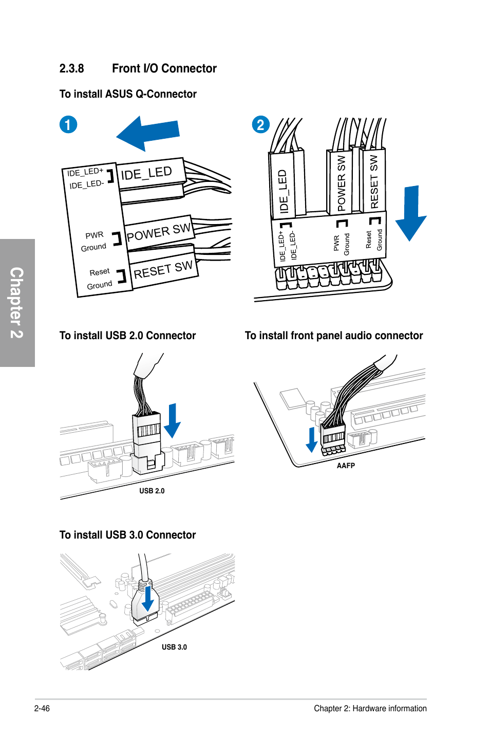 8 front i/o connector, Front i/o connector -46, Chapter 2 | Ide_led | Asus A88X-PRO User Manual | Page 66 / 142