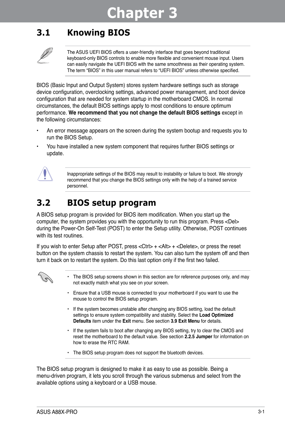 Chapter 3: bios setup, 1 knowing bios, 2 bios setup program | Chapter 3, Bios setup, Knowing bios -1, Bios setup program -1 | Asus A88X-PRO User Manual | Page 73 / 142