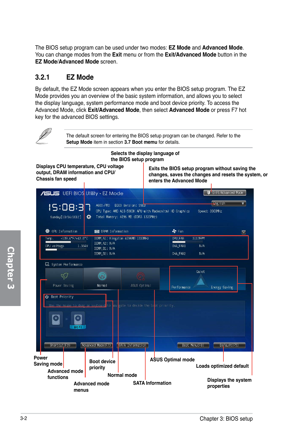 1 ez mode, Ez mode -2, Chapter 3 | Asus A88X-PRO User Manual | Page 74 / 142