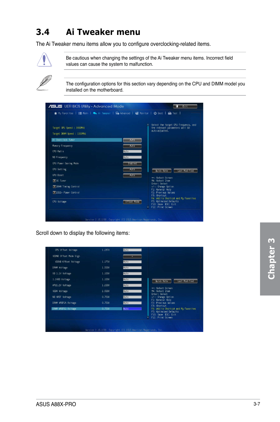 4 ai tweaker menu, Ai tweaker menu -7, Chapter 3 3.4 ai tweaker menu | Asus A88X-PRO User Manual | Page 79 / 142