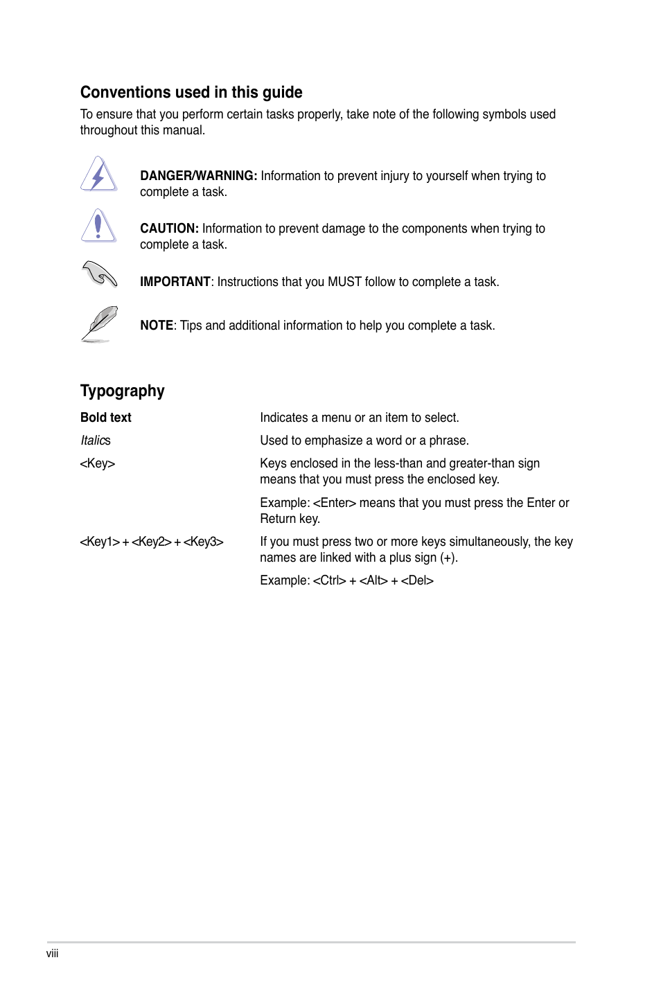 Conventions used in this guide, Typography | Asus A88X-PRO User Manual | Page 8 / 142
