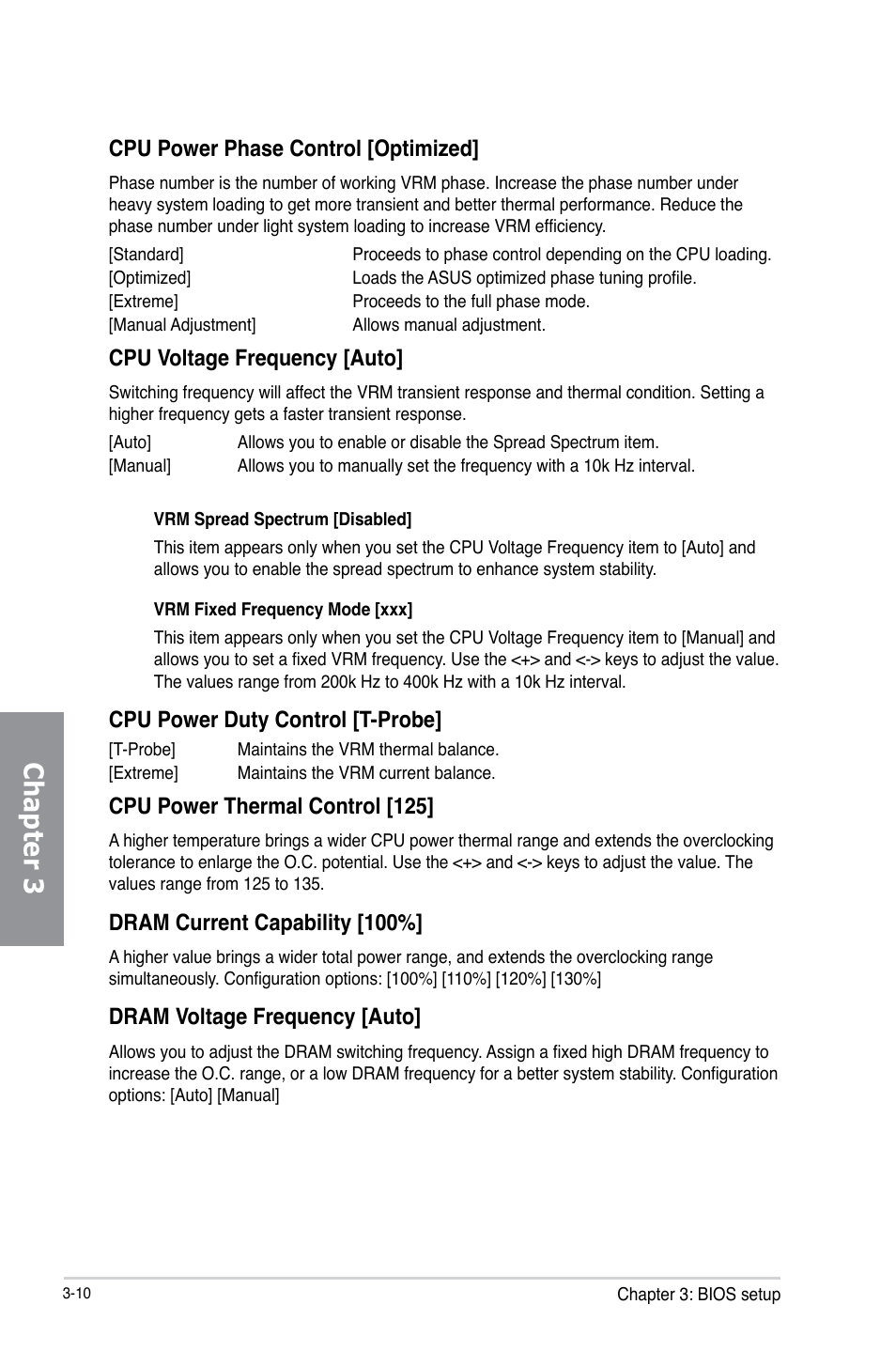 Chapter 3, Cpu power phase control [optimized, Cpu voltage frequency [auto | Cpu power duty control [t-probe, Cpu power thermal control [125, Dram current capability [100, Dram voltage frequency [auto | Asus A88X-PRO User Manual | Page 82 / 142