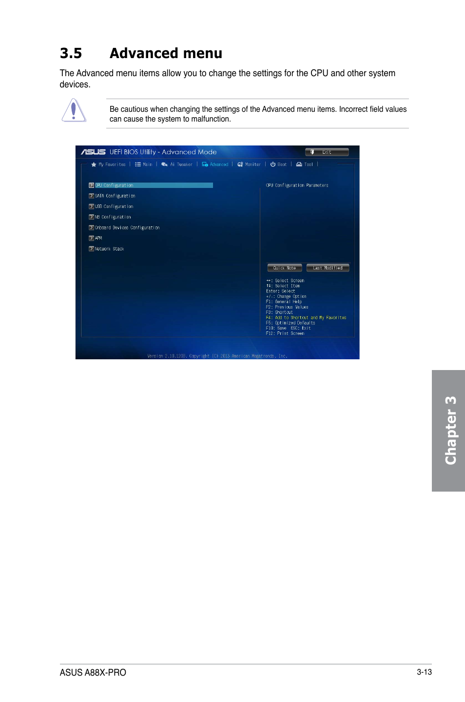 5 advanced menu, Advanced menu -13, Chapter 3 | Asus A88X-PRO User Manual | Page 85 / 142