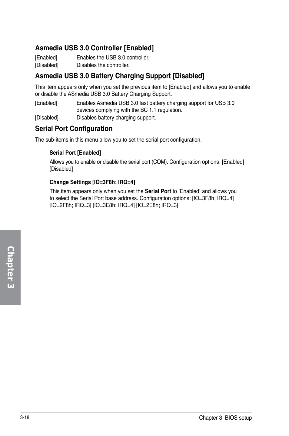 Chapter 3, Asmedia usb 3.0 controller [enabled, Asmedia usb 3.0 battery charging support [disabled | Serial port configuration | Asus A88X-PRO User Manual | Page 90 / 142