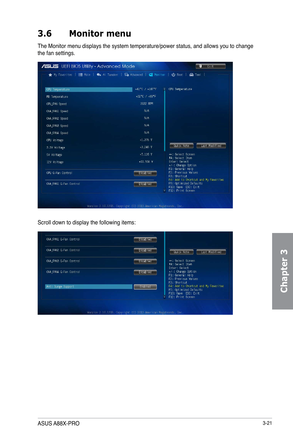 6 monitor menu, Monitor menu -21, Chapter 3 3.6 monitor menu | Asus A88X-PRO User Manual | Page 93 / 142