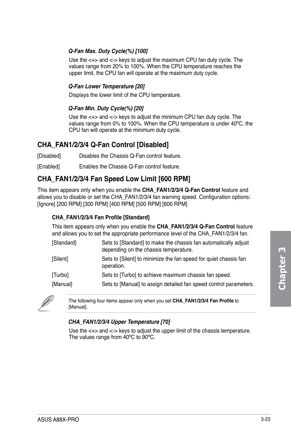 Chapter 3, Cha_fan1/2/3/4 q-fan control [disabled | Asus A88X-PRO User Manual | Page 95 / 142