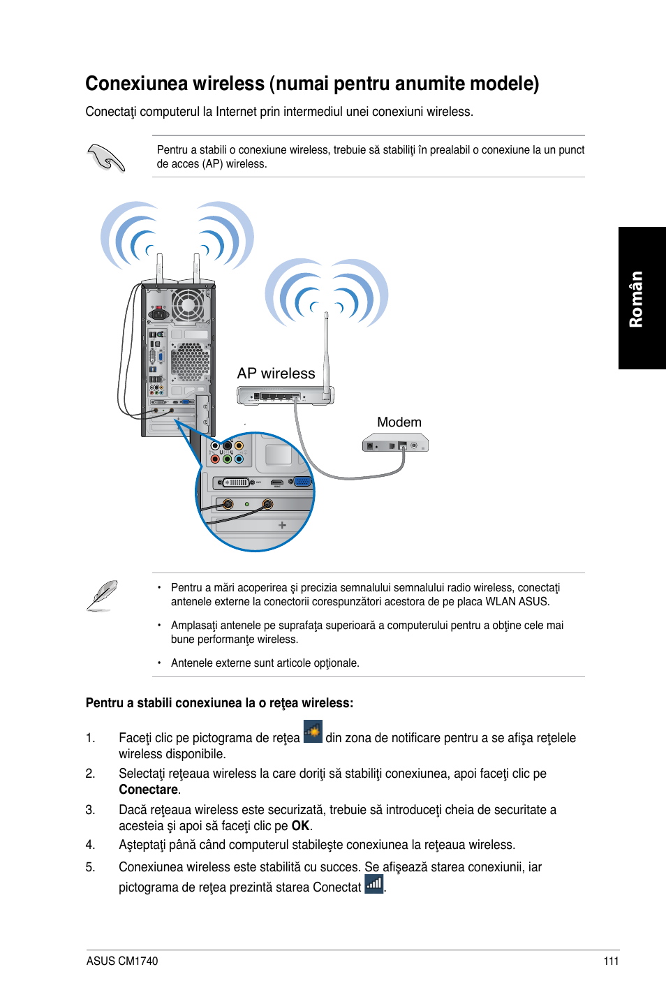 Conexiunea wireless (numai pentru anumite modele), Conexiunea wireless �numai pentru anumite modele, Română | Asus CM1740 User Manual | Page 111 / 198