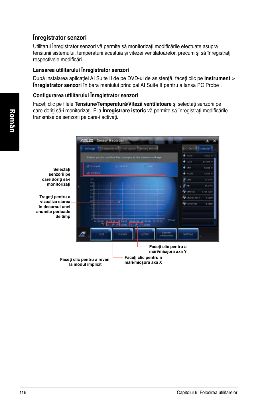 Română, Înregistrator senzori | Asus CM1740 User Manual | Page 116 / 198