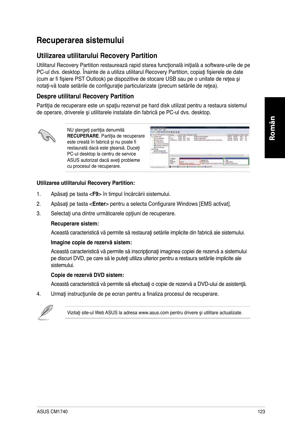 Recuperarea sistemului, Română, Utilizarea utilitarului recovery partition | Asus CM1740 User Manual | Page 123 / 198