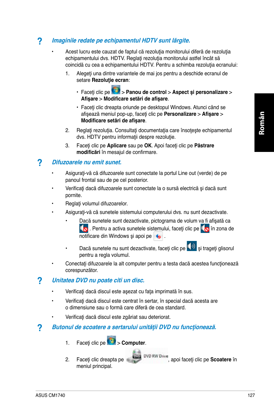 Română | Asus CM1740 User Manual | Page 127 / 198