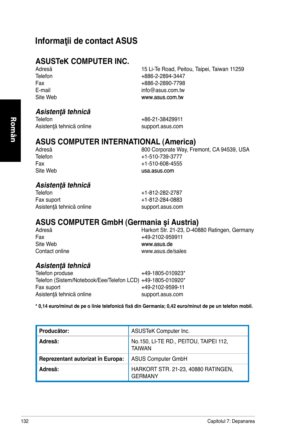 Informaţii de contact asus, Română, Asustek computer inc | Asus computer international �america, Asus computer gmbh �germania şi austria, Asistenţă tehnică | Asus CM1740 User Manual | Page 132 / 198