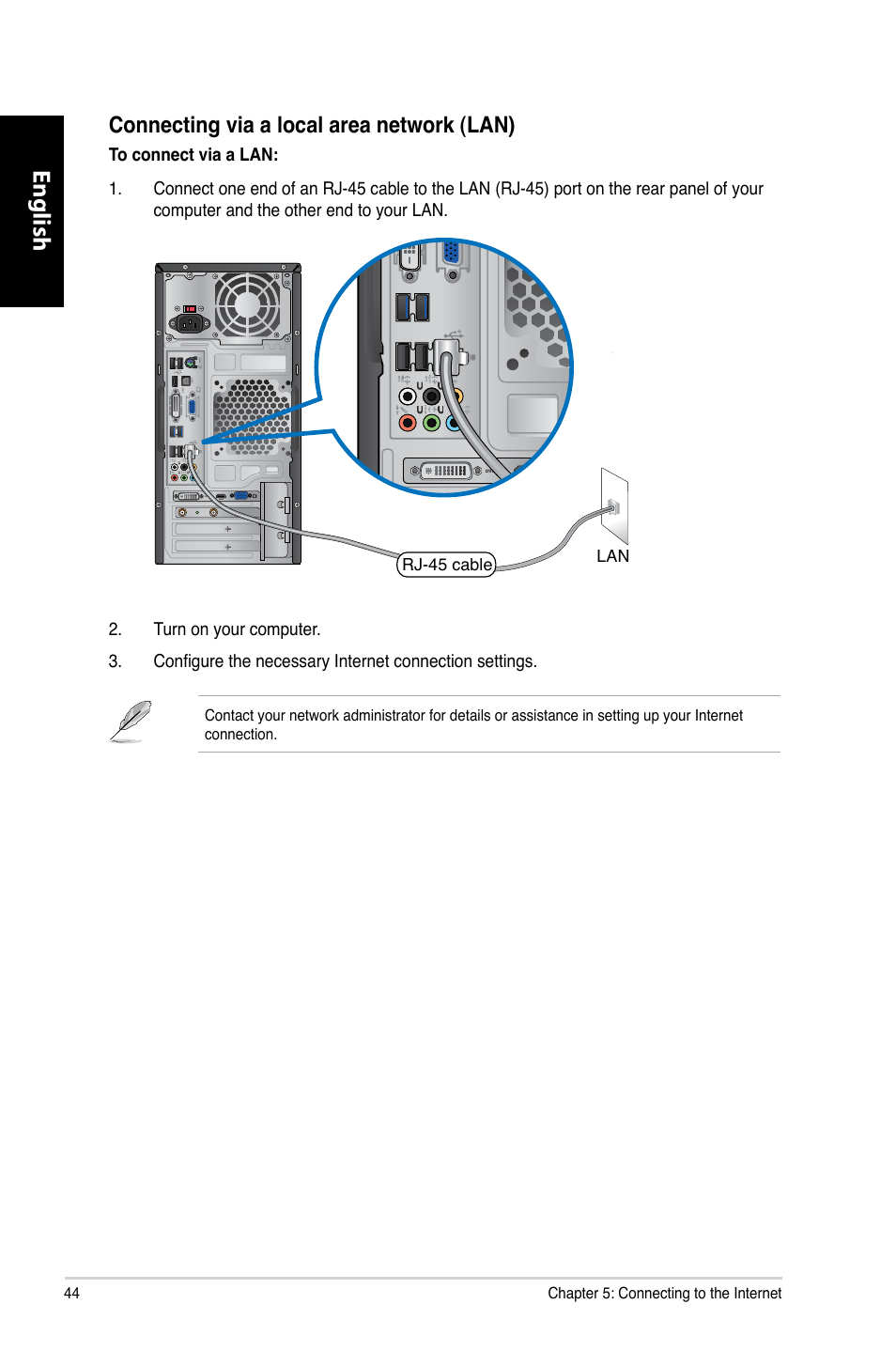 English, Connecting via a local area network �lan | Asus CM1740 User Manual | Page 44 / 198