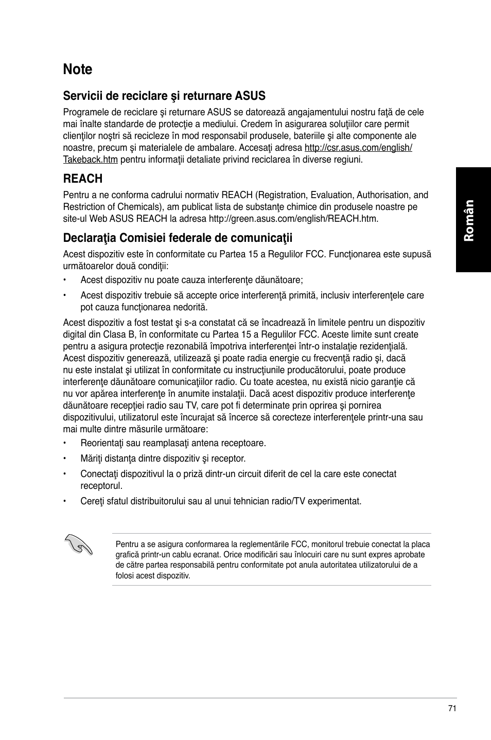 Note, Română, Servicii de reciclare şi returnare asus | Reach, Declaraţia comisiei federale de comunicaţii | Asus CM1740 User Manual | Page 71 / 198