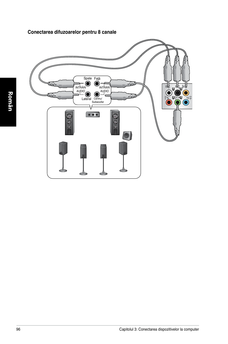 Română, Conectarea difuzoarelor pentru 8 canale | Asus CM1740 User Manual | Page 96 / 198