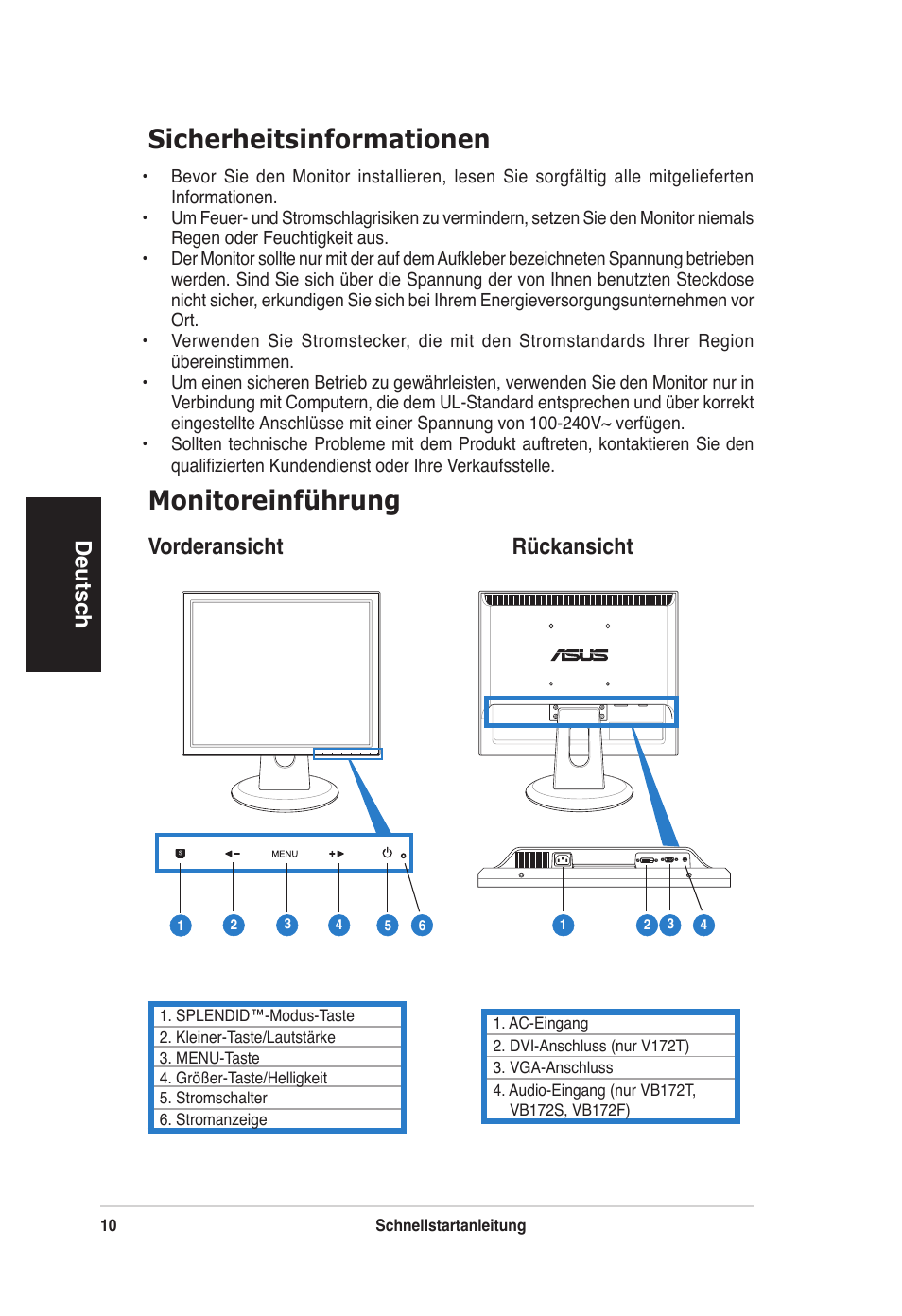Sicherheitsinformationen, Monitoreinführung, Deutsch | Vorderansicht rückansicht | Asus VB172T User Manual | Page 12 / 102