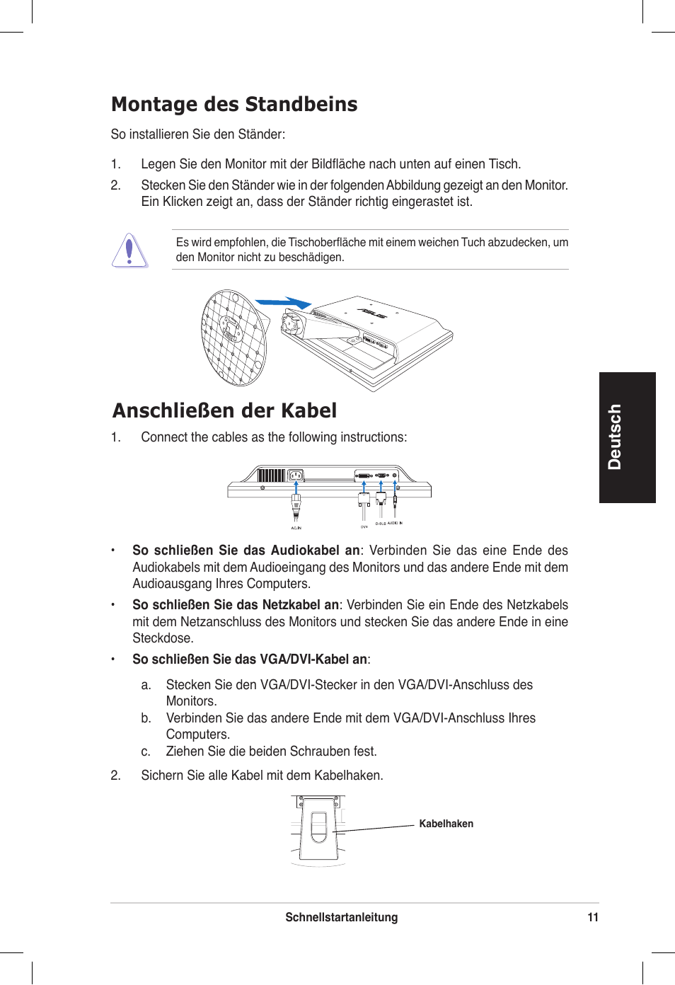 Anschließen der kabel montage des standbeins, Deutsch | Asus VB172T User Manual | Page 13 / 102