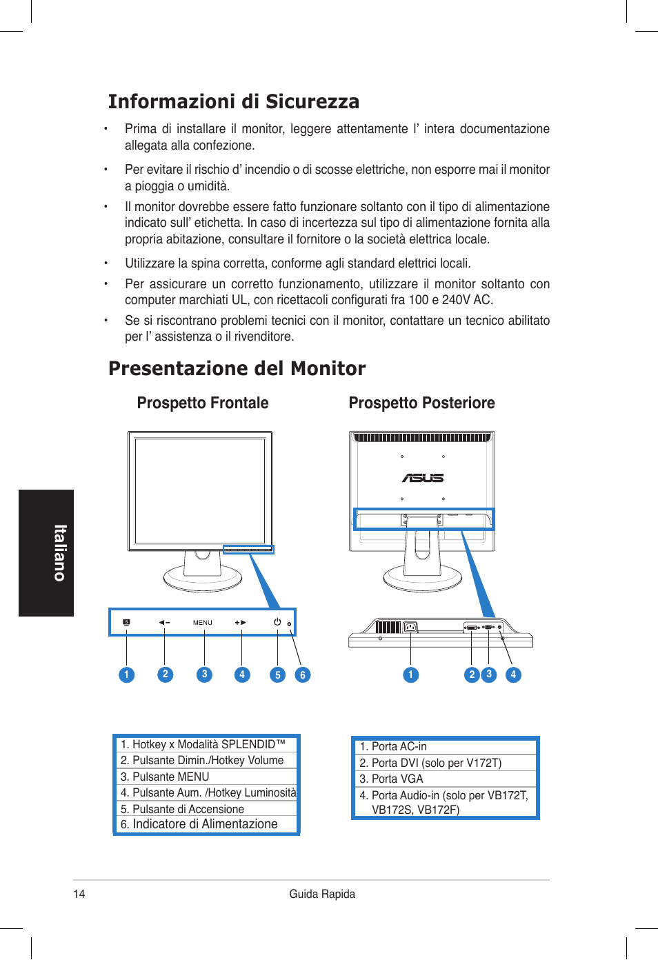 Informazioni di sicurezza, Presentazione del monitor, Italiano | Prospetto frontale prospetto posteriore | Asus VB172T User Manual | Page 16 / 102