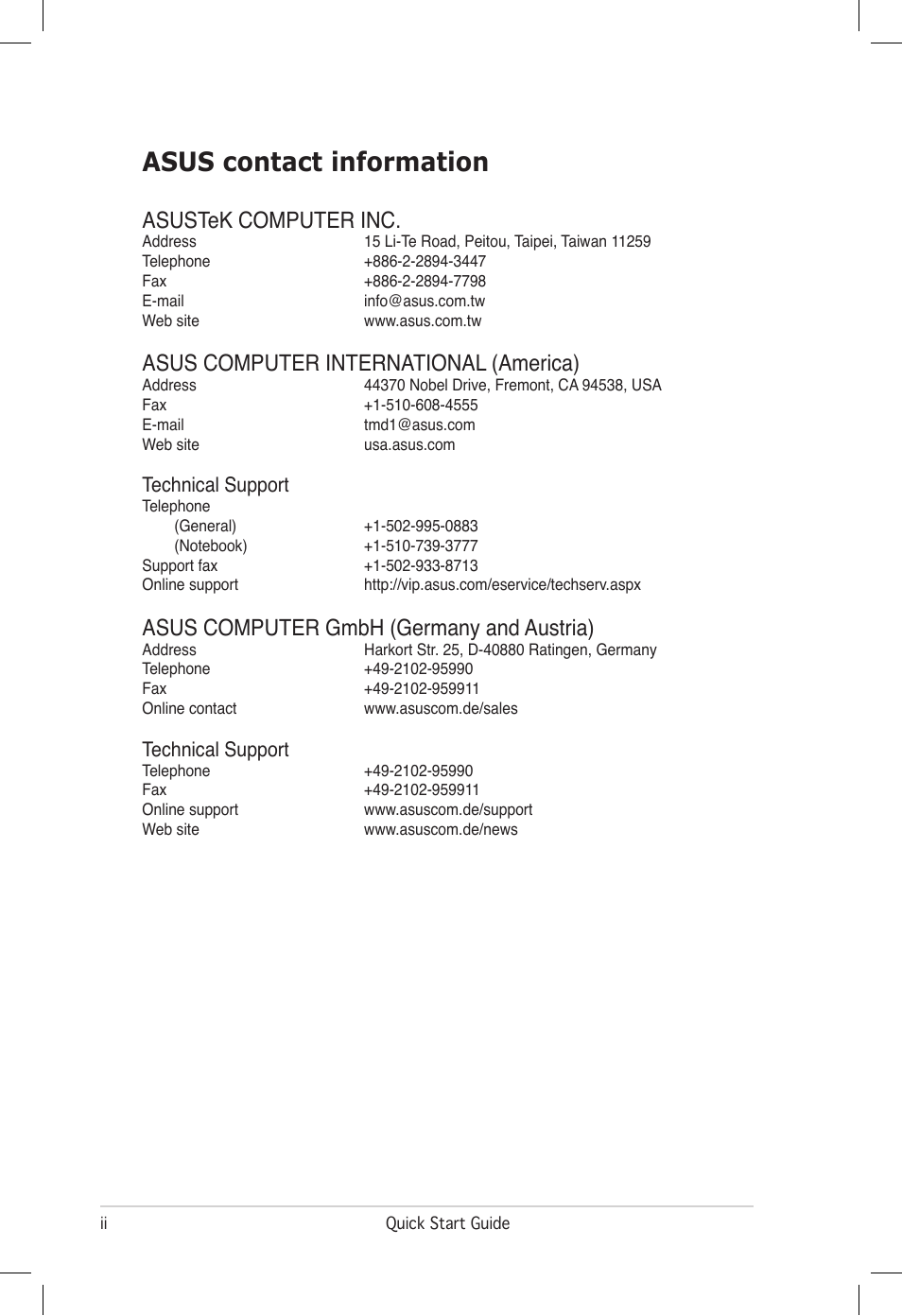 Asus contact information, Asustek computer inc, Asus computer international (america) | Asus computer gmbh (germany and austria), Technical support | Asus VB172T User Manual | Page 2 / 102