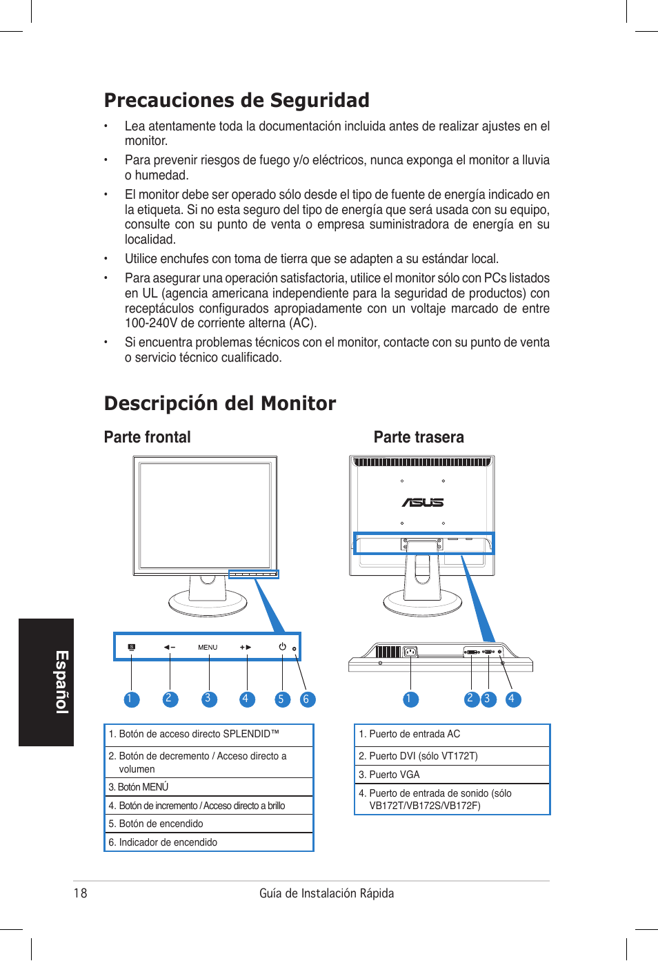 Precauciones de seguridad, Descripción del monitor, Español | Parte frontal parte trasera | Asus VB172T User Manual | Page 20 / 102
