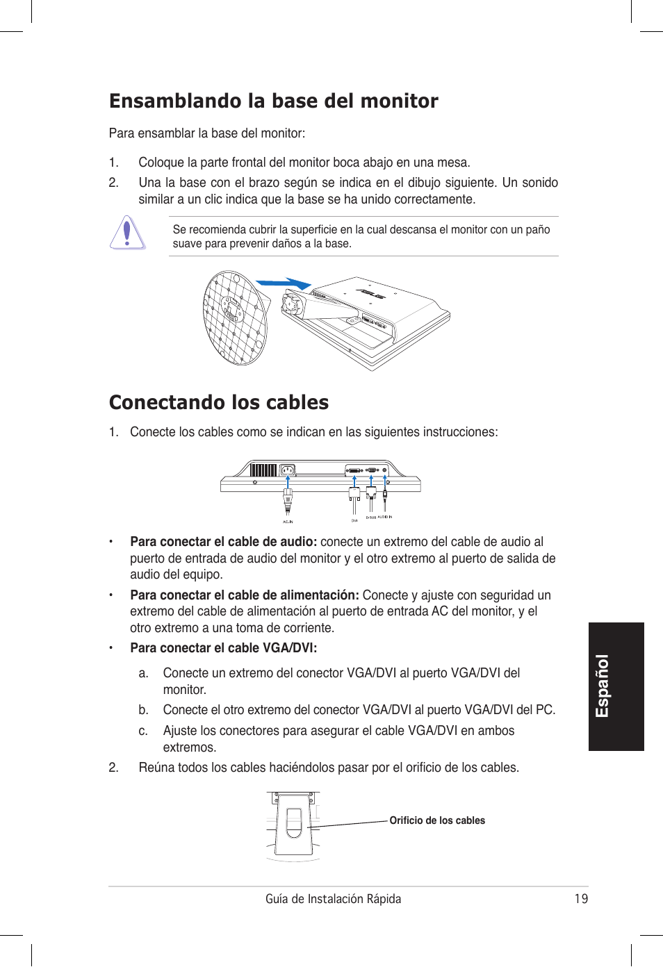 Conectando los cables, Ensamblando la base del monitor, Español | Asus VB172T User Manual | Page 21 / 102