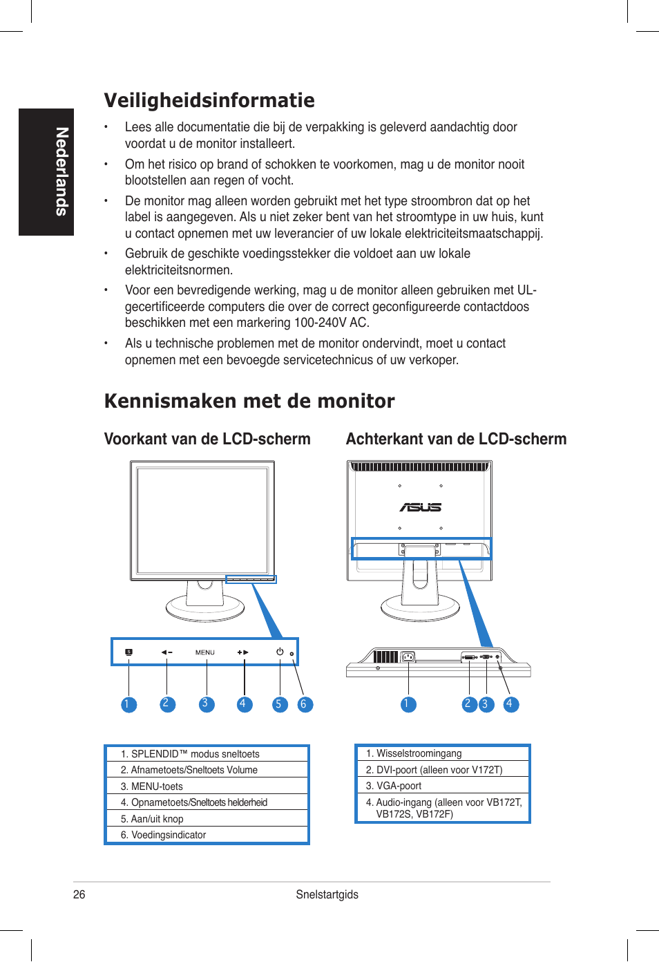 Veiligheidsinformatie, Kennismaken met de monitor, Nederlands | Asus VB172T User Manual | Page 28 / 102