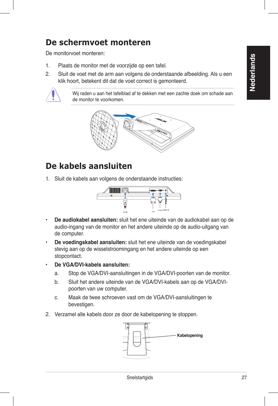 De kabels aansluiten, De schermvoet monteren, Nederlands | Asus VB172T User Manual | Page 29 / 102