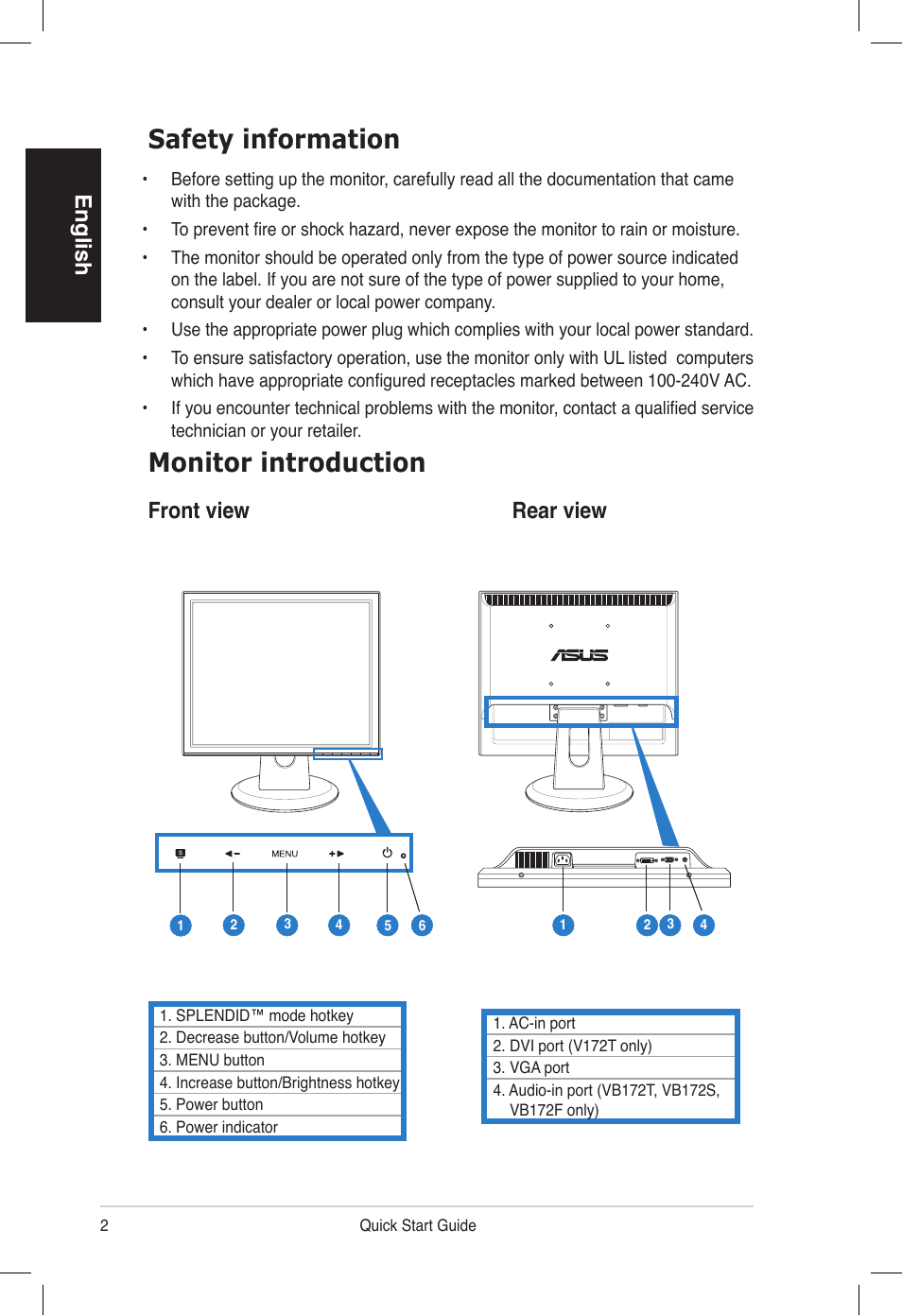 Safety information, Monitor introduction, English | Front view rear view | Asus VB172T User Manual | Page 4 / 102