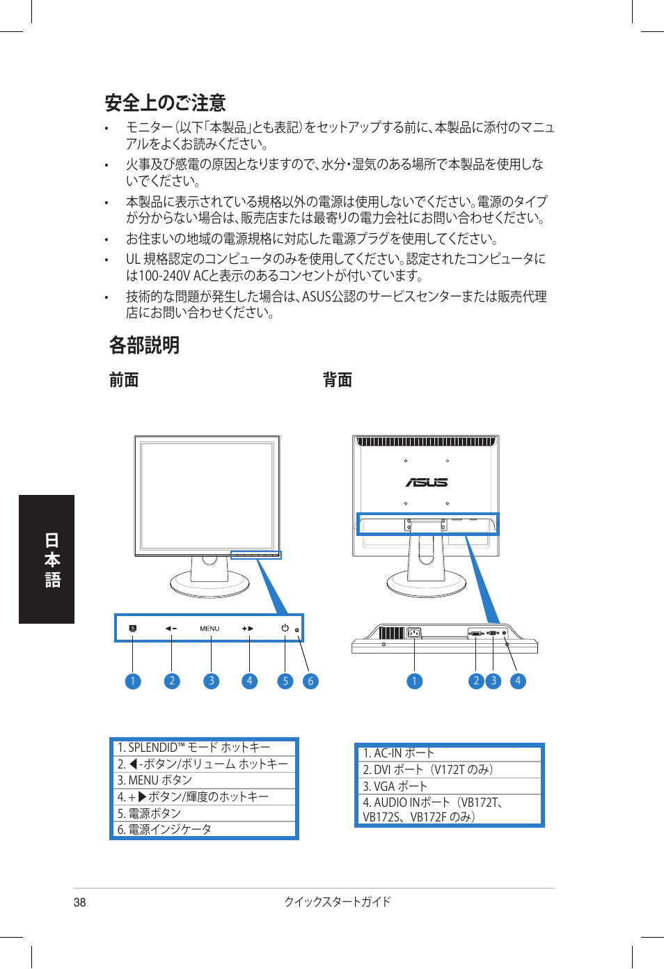 安全上のご注意, 各部説明, 日本 語 | 前面 背面 | Asus VB172T User Manual | Page 40 / 102