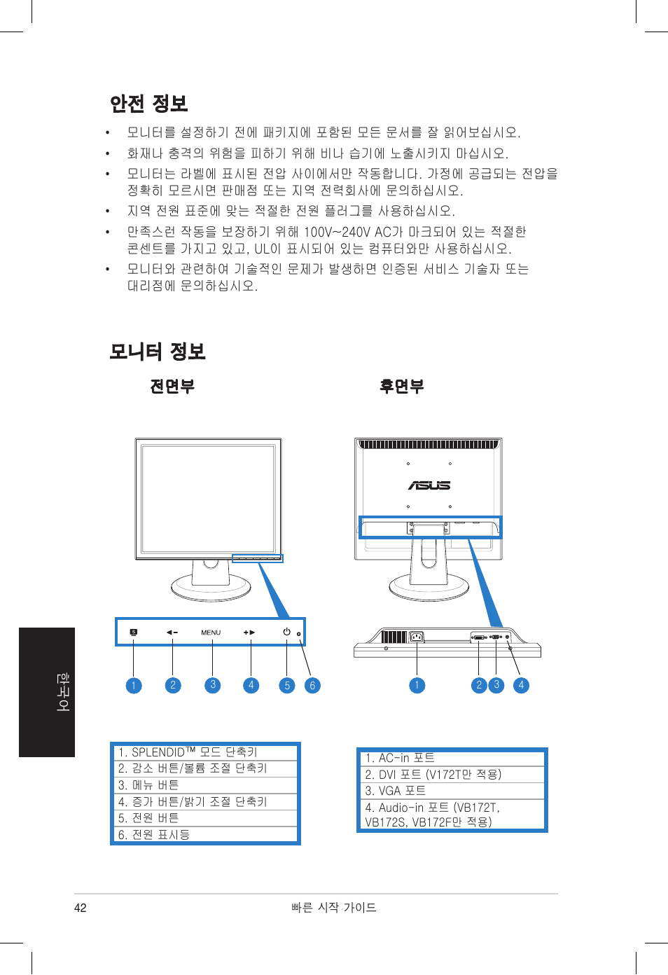 안전 정보, 모니터 정보, 전면부 후면부 | Asus VB172T User Manual | Page 44 / 102