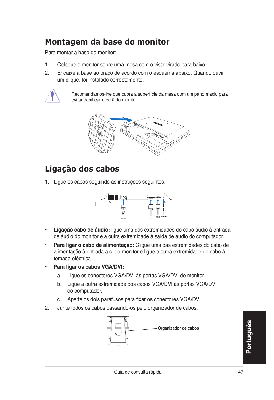 Ligação dos cabos, Montagem da base do monitor, Português | Asus VB172T User Manual | Page 49 / 102