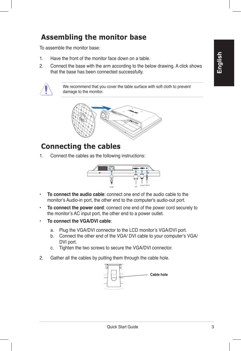 Connecting the cables assembling the monitor base, English | Asus VB172T User Manual | Page 5 / 102