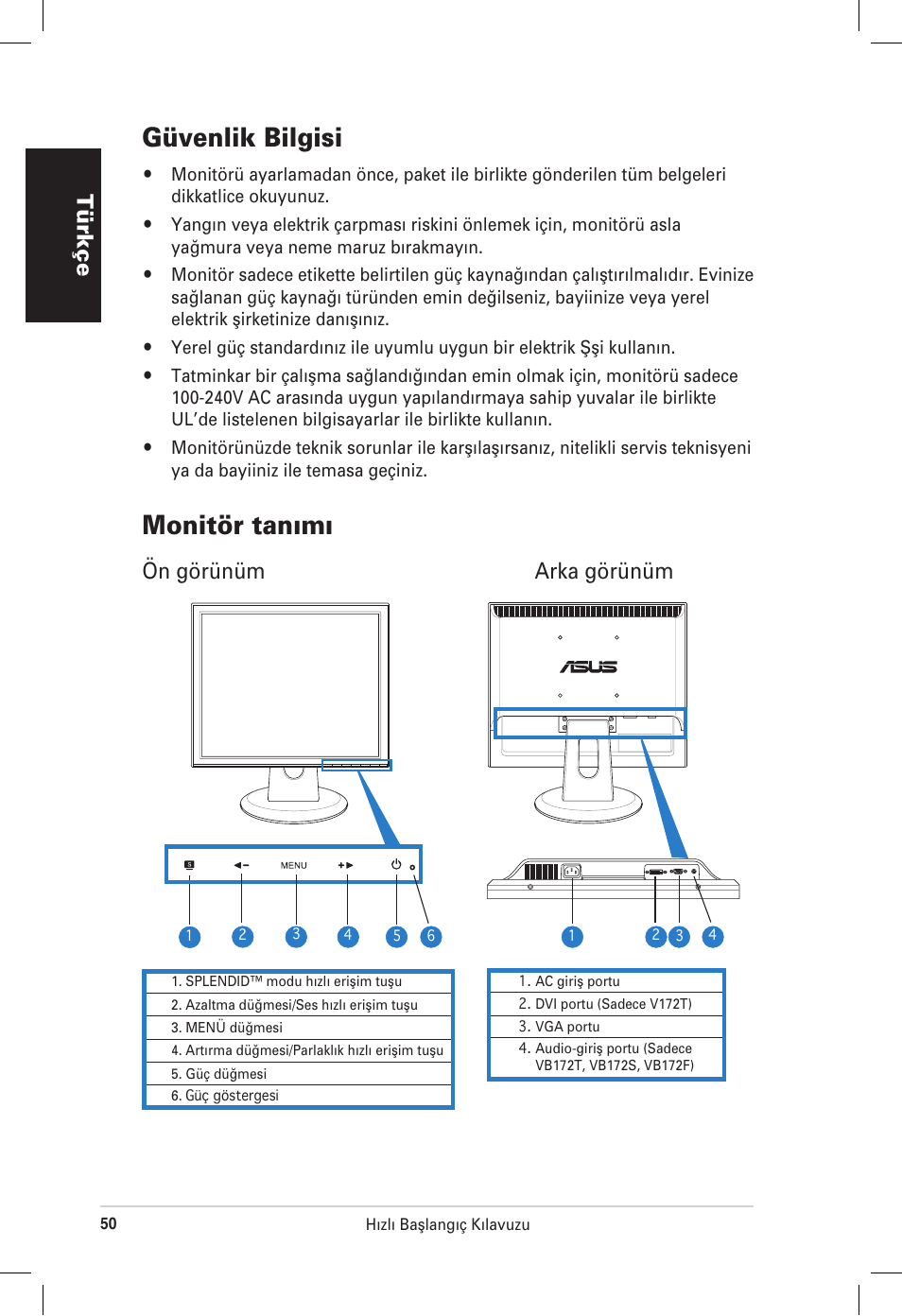 Güvenlik bilgisi, Monitör tan›m, Türkçe | Ön görünüm arka görünüm | Asus VB172T User Manual | Page 52 / 102